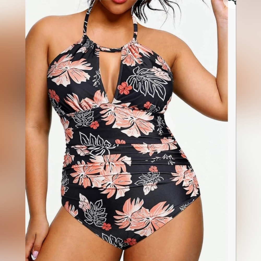 Aqua Eve One Piece Halter Bathing Suite 16W,Blk& Peach,Floral Print,Brand New
